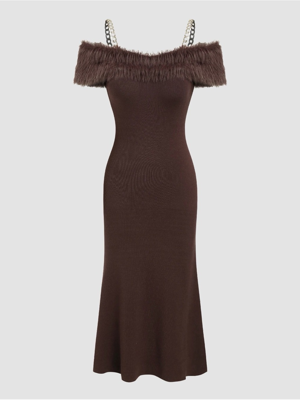 NWT CIDER Off-Shoulder Faux-Fur Trim Knit Maxi Dress in Dark Brown